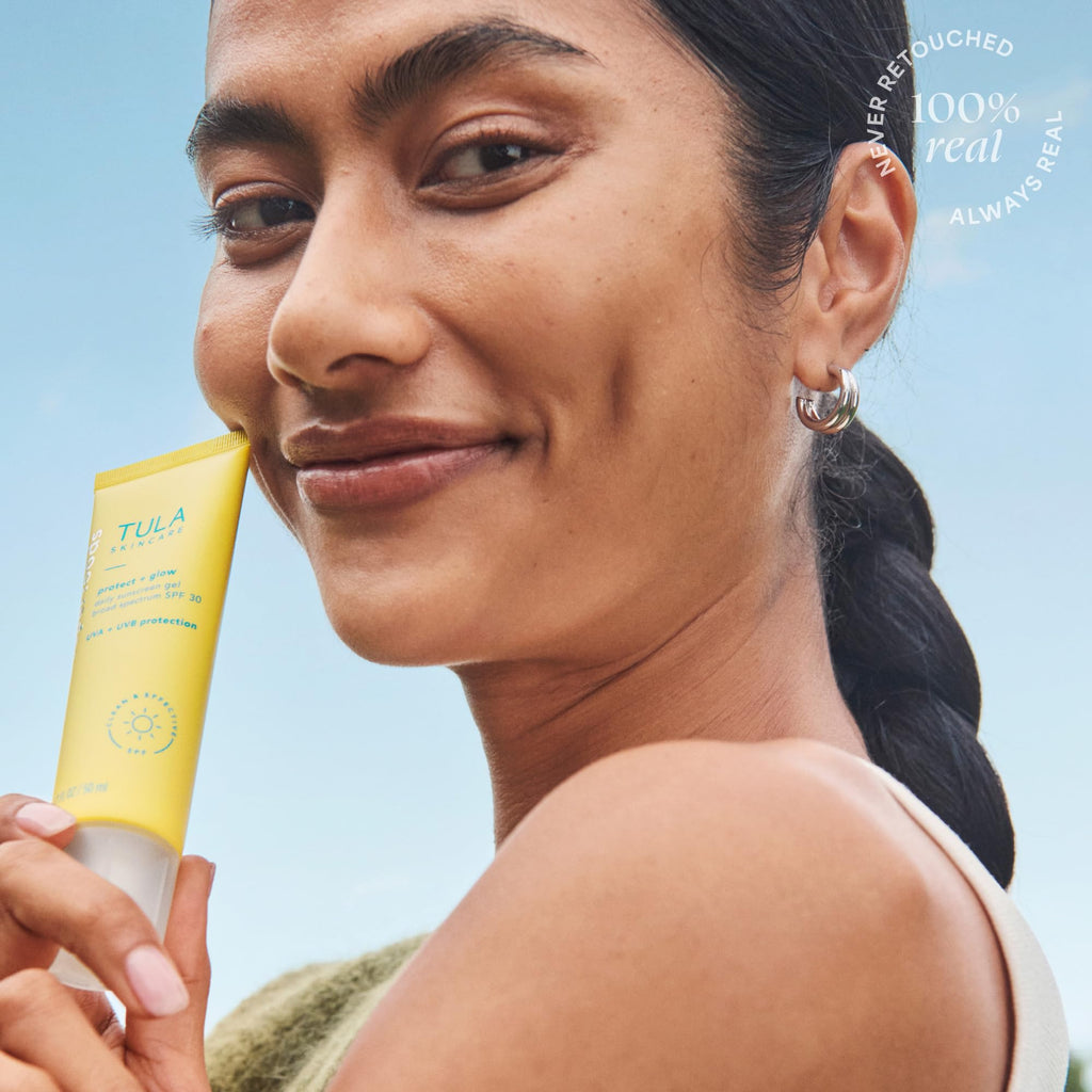 TULA Skin Care Protect + Glow Daily Sunscreen - Gel, Broad Spectrum SPF 30, Skincare-First, Non-Greasy, Non-Comedogenic and Reef-Safe with Pollution and Blue Light Protection, Regular, 1.7 fl oz.