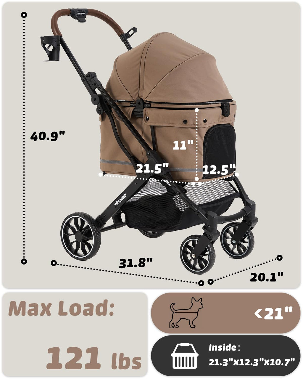 797Audio Dog Stroller for Small Medium Dogs,Pet Stroller for Cats Puppy Up to 121lbs,Foldable,One Click Folding,4 Wheel Shock Absorption,Adjustable Canopy with Sun Shades,Removable Washable Pad(Brown)