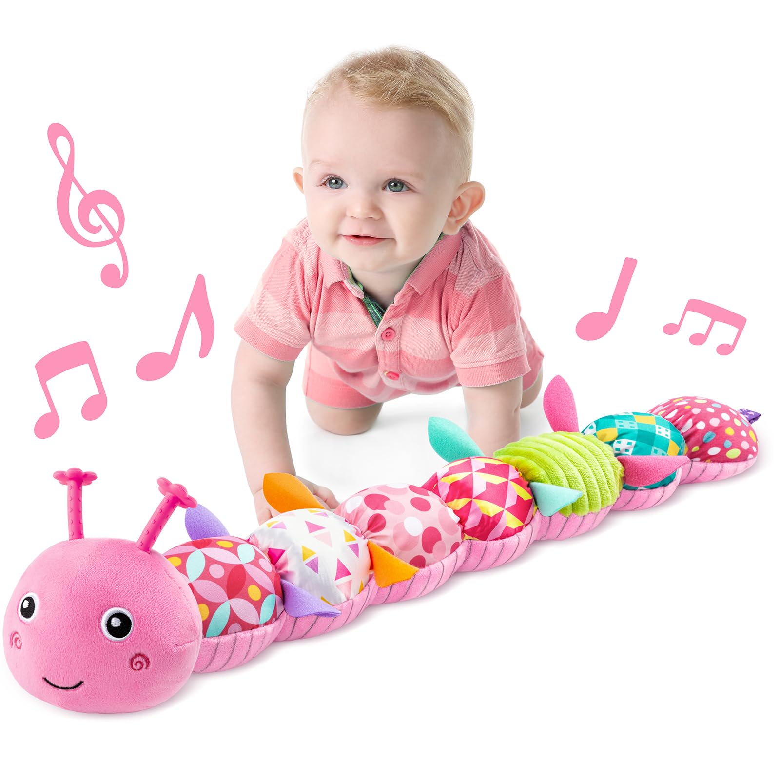 LIGHTDESIRE Baby Toys Musical Caterpillar,Infant Stuffed Animal Toy with Crinkle and Rattles,Soft Sensory Toys with Textures for Tummy Time Newborn Boys Girls 0 3 6 12 Months(Pink)