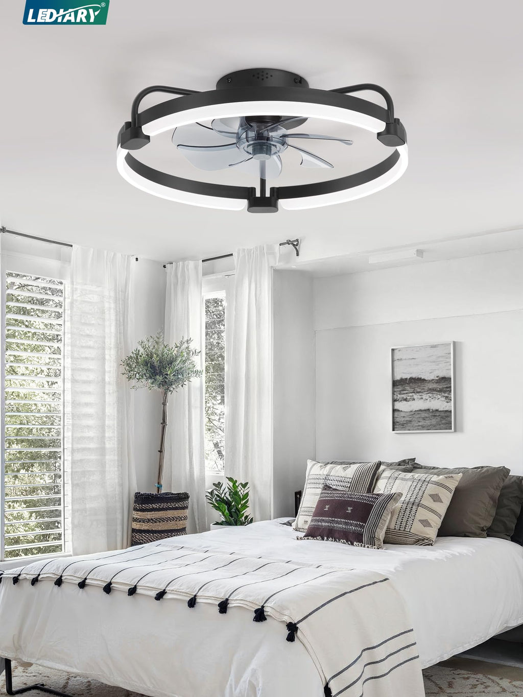 LEDIARY Ceiling Fans with Lights and Remote, 20'' Low Profile Ceiling Fan with Light, 3000-6000K Dimmable Fandelier LED Fan Light, 6 Wind Speeds, Black Modern Flush Mount Ceiling Fan for Bedroom