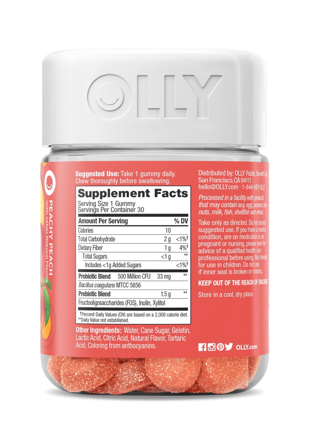 OLLY Probiotic + Prebiotic Gummy, Digestive Support and Gut Health, 500 Million CFUs, Fiber, Adult Chewable Supplement for Men and Women, Peach, 30 Day Supply - 30 Count (Pack of 12)