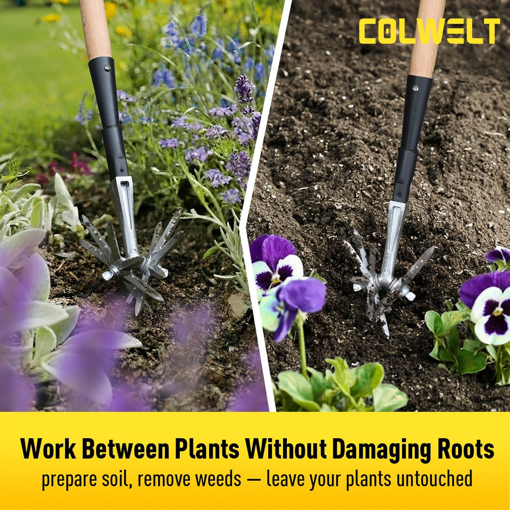 Colwelt Manual Rotary Cultivator, Single-Tine Aluminum Cultivators for Gardening, Garden Hand Tiller Manual with Ergo Wooden t-Handle, Hand Held Cultivator Tool For Flower Beds Cultivate, Aerate, Weed