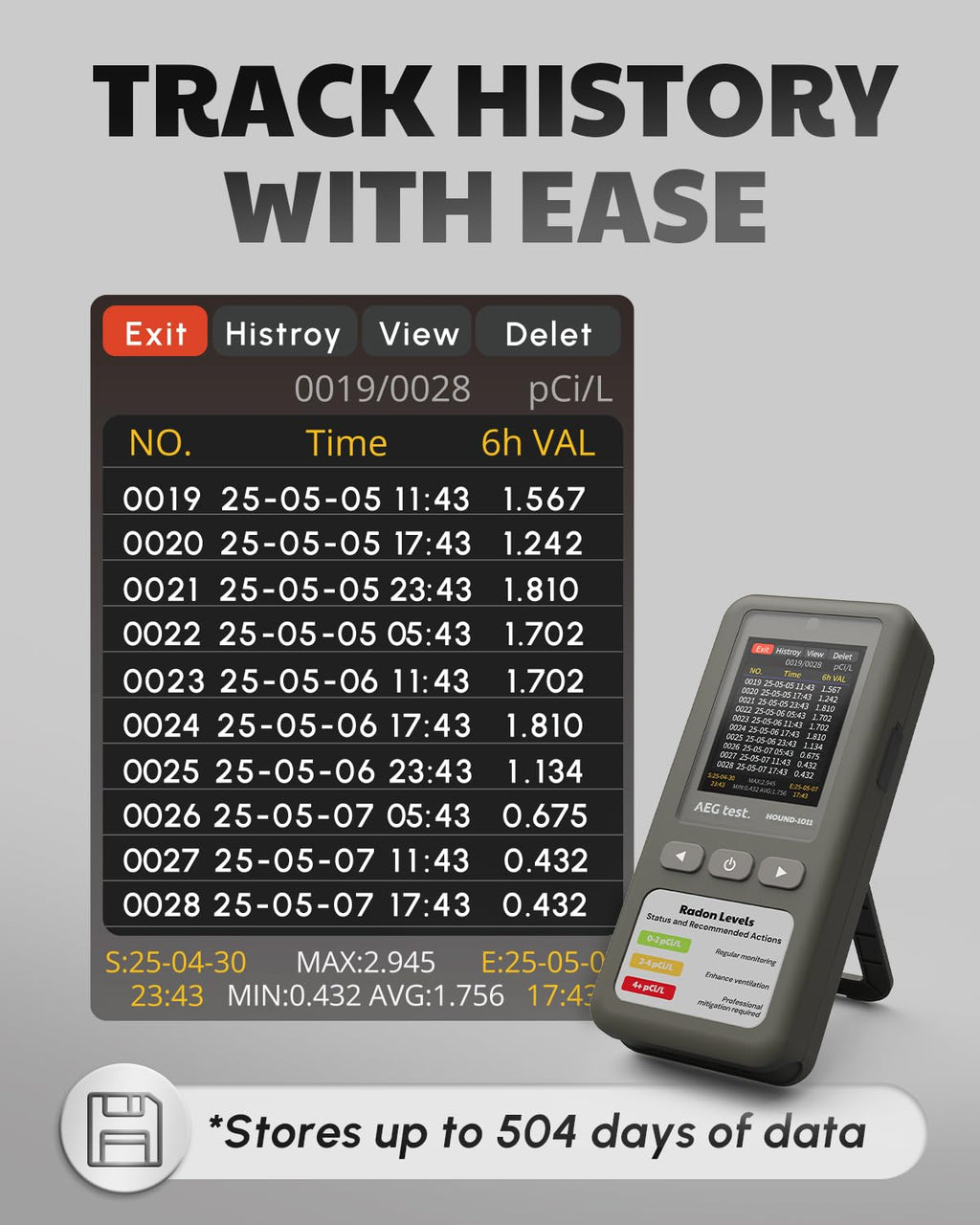 AEGTEST HOUND-1011 Portable Radon Detector for Home, Lightweight, High-Accuracy Sensor, 45-Day Monitoring, Easy-to-Use Radon Tester, Short- & Long-Term in pCi/L or Bq/m³ for Basement – Gray