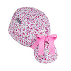 Satin Lined Scrub Cap Women with Ponytail Hole & Buttons,Adjustable Surgical Nurse Hat with Cotton Sweatband for Long Hair (Pink Small Floral)