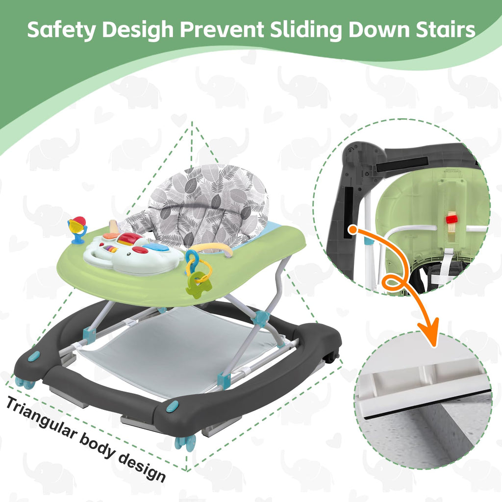 Pawtong Foldable Baby 5-in-1 Activity Walker - Rocker, Activity Center, Bouncer, Seat Walker, Push Walker - Adjustable Speed Rear Wheels and Height Toys Ages 6-18 Months… (Green)
