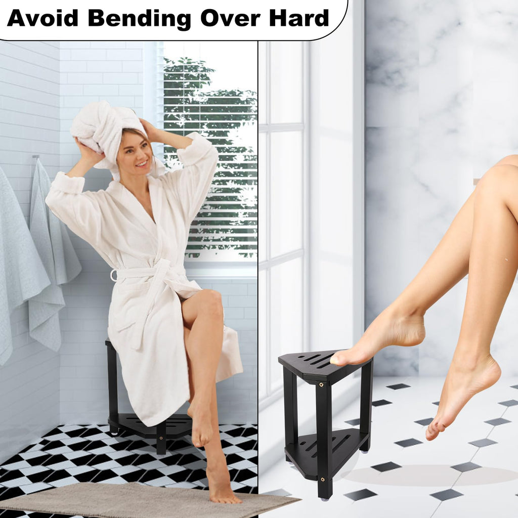 IBosins Corner Shower Stool with Storage Shelf Shower Foot Rest for Shaving Legs Small Bench for Inside Shower to Sit on Bath Seat - Acacia Wood, Black
