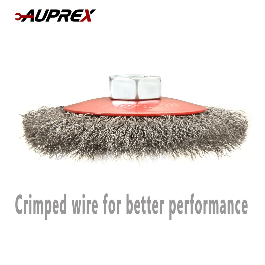 AUPREX 5 Pack 4 Inch Coarse Crimped Wire Wheel Brush for Angle Grinder with 5/8 Inch-11 Threaded Arbor - 0.014 Inch Carbon Steel Wire -Light Duty Conditioning for Metals
