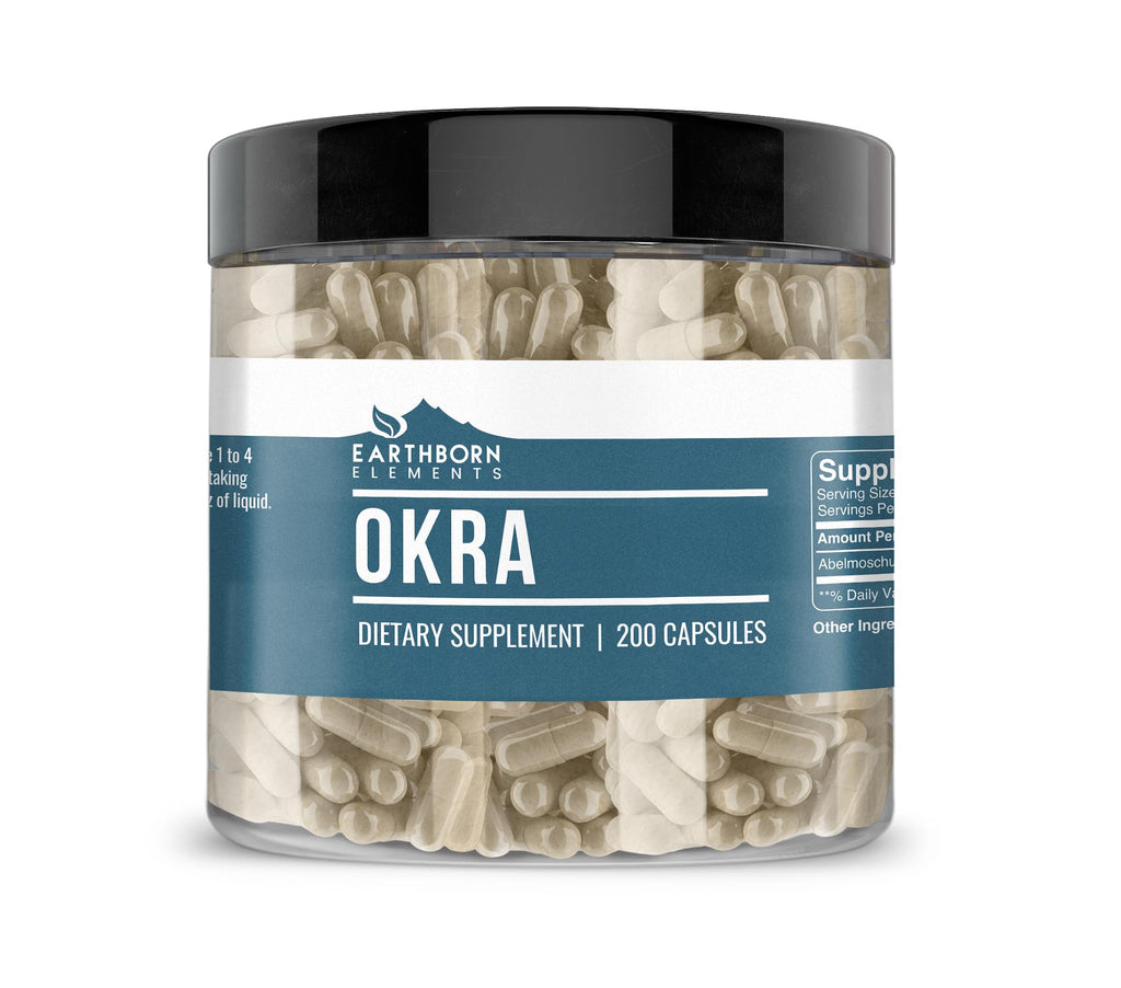 Earthborn Elements Okra Extract 200 Capsules, Pure & Undiluted, No Additives
