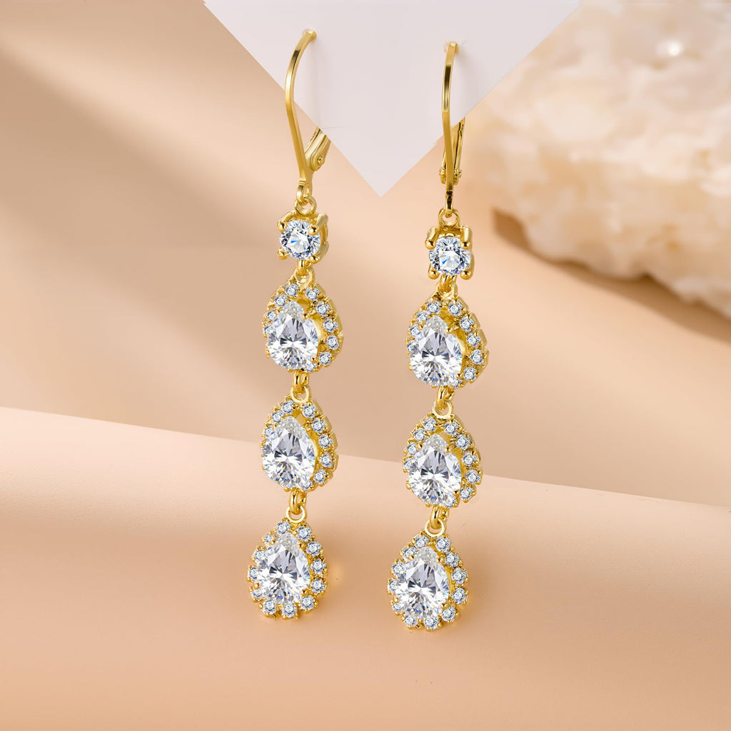 Gold Drop Earring Long Zirconia Teardrop Dangle Leverback Earring for Women