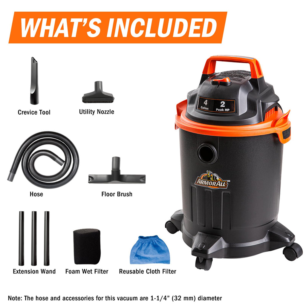 Armor All VO405P 0901 4 Gallon Wet/Dry Vac 2.0 Peak HP Shop Vacuum with Nozzles & Brush,Black/Orange