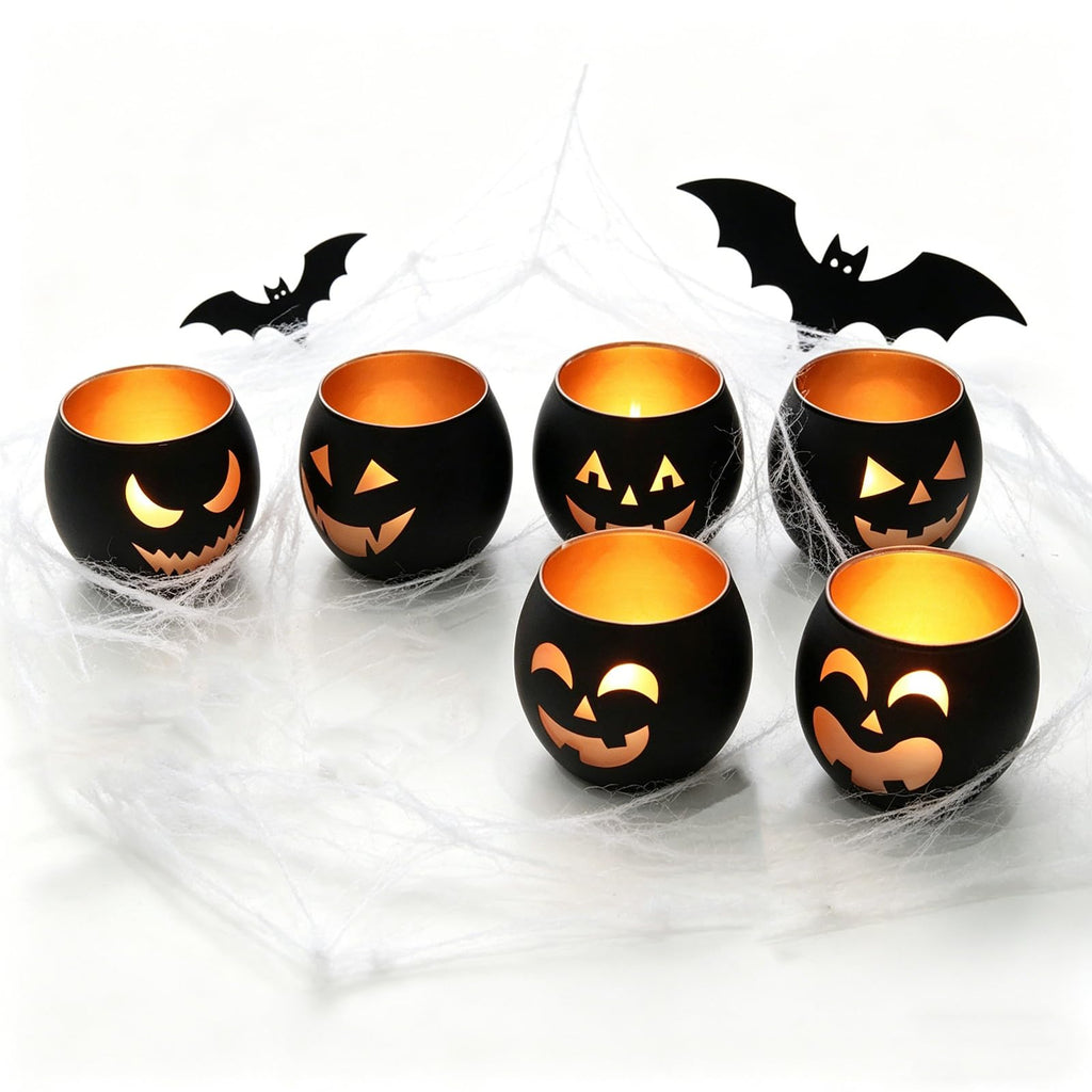Halloween Table Decor Set of 6, Jack O Lanterns Black Glass Votive Tealight Candle Holders, Halloween Decorations Indoor Party Mantel Coffe Table Centerpiece Decor