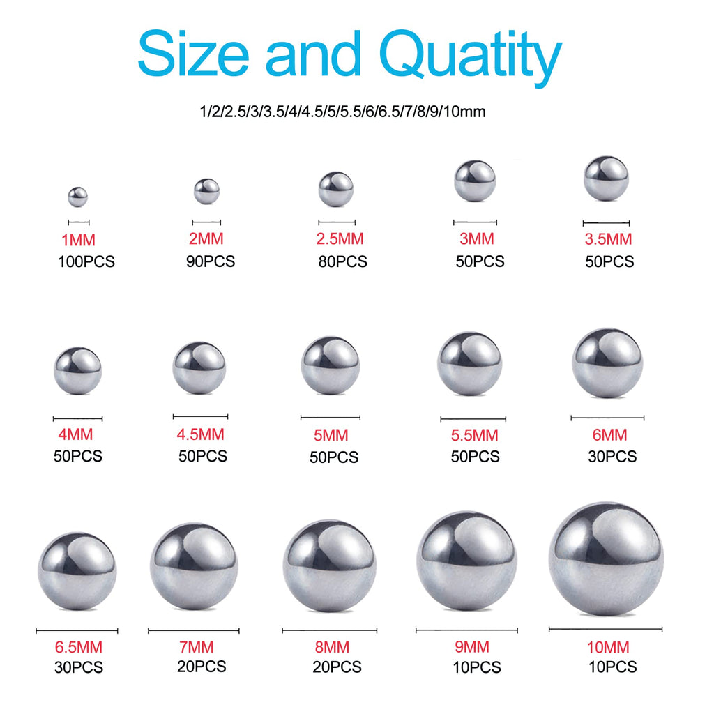Breezliy 690 Piece 1-10mm 15 Sizes Metric Precision 304 Stainless Steel Assorted Loose Bicycle Bearing Steel Ball Assortment Kit