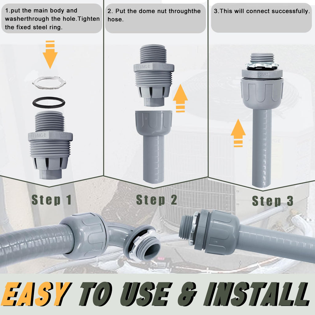 Feotech Liquid-Tight Conduit and Connector Kit - 3/4 Inch 50 FT Non Metallic Liquid Tight Electrical Conduit with 5 Straight and 5 Angle Fittings