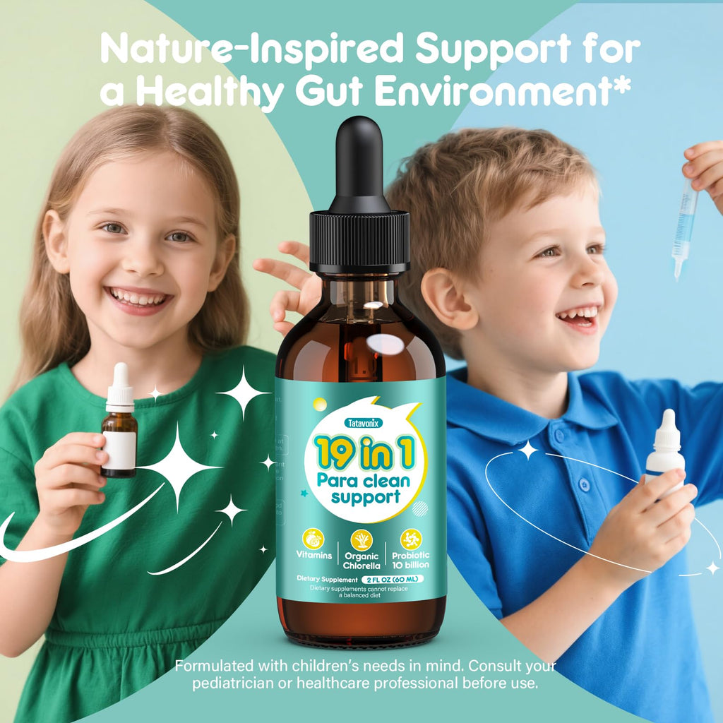 Tatavonix 19 in 1 Herbal Gut Cleanse Drops – Wormwood, Black Walnut, Chlorella 250mg, 10B Probiotics, Clove & Oregano – Liquid Detox Support for Adults & Kids, Alcohol-Free, 2oz