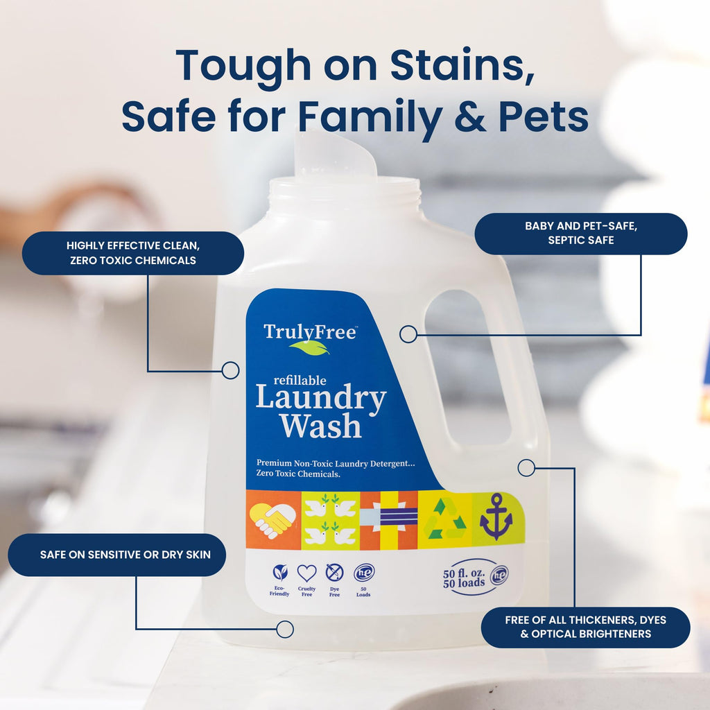Truly Free Natural Laundry Detergent for Sensitive Skin | Eco Friendly, Plant Based, Baby Clothes Safe | Clean & Easy Powder to Liquid, 3 Detergent Packs + 1 Empty Reusable Jug | Unscented, 150 Loads