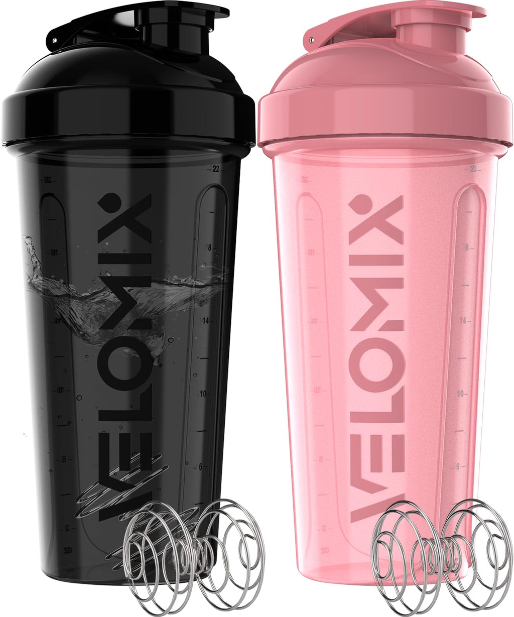 VELOMIX -2 Pack- 28 oz Protein Shaker Bottles for Protein Mixes - 2x Wire Whisk | Leak Proof Shaker Cups for Protein Shakes | Protein Shaker Bottle Pack | Shakers for Protein Shakes-Pink&Black