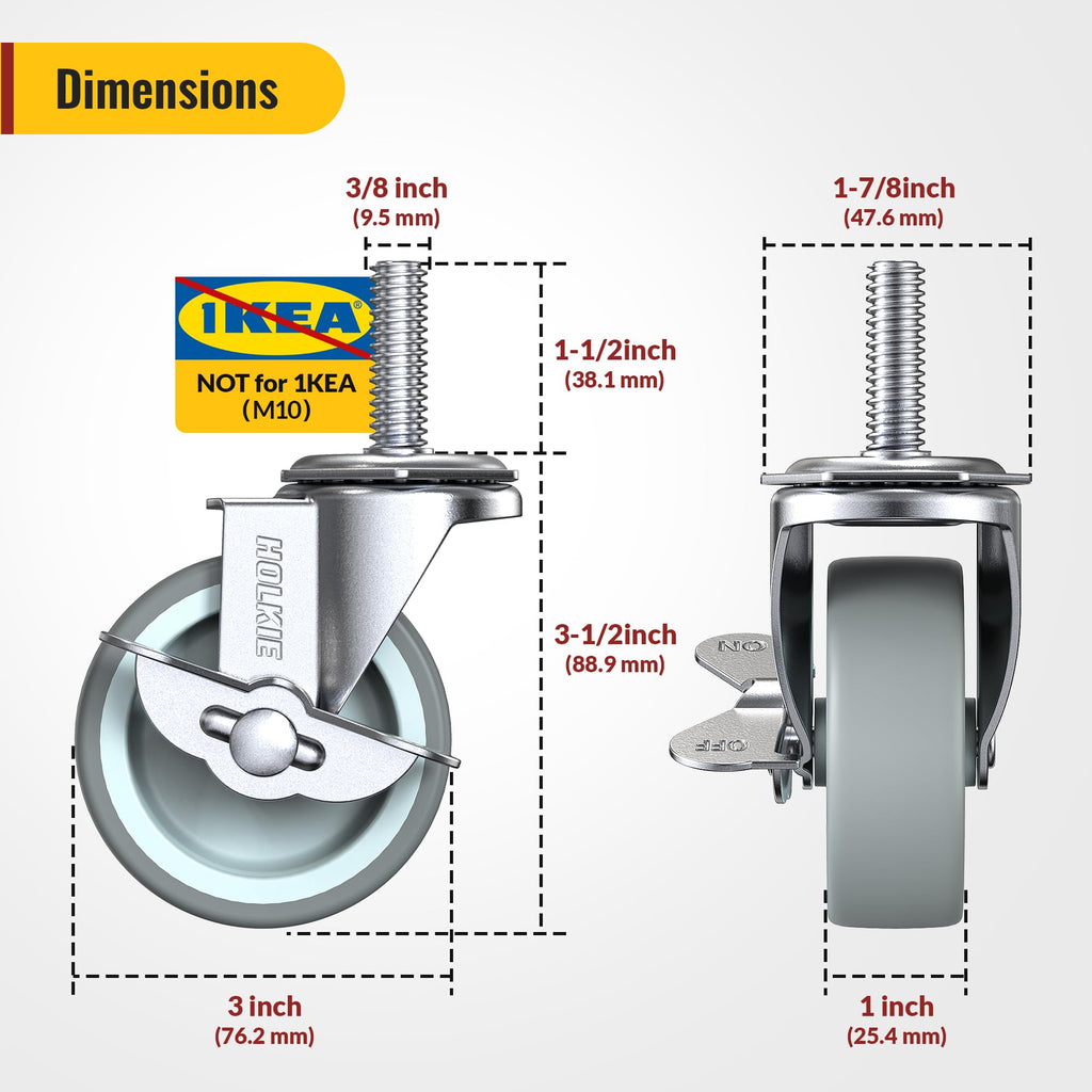 HOLKIE Caster Wheels 3 inch Locking Casters Set of 4, Threaded Stem 3/8" -16 x 1-1/2" (Diameter 3/8", Length 1-1/2") Swivel Heavy Duty Castors Gray