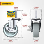 HOLKIE Caster Wheels 3 inch Locking Casters Set of 4, Threaded Stem 3/8" -16 x 1-1/2" (Diameter 3/8", Length 1-1/2") Swivel Heavy Duty Castors Gray