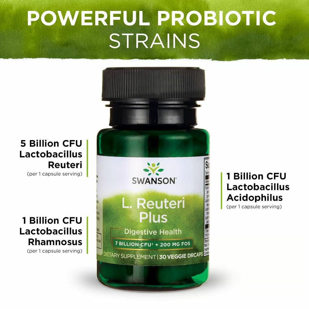 Swanson L. Reuteri Probiotic Plus w/L. Rhamnosus L. Acidophilus & FOS Prebiotic Digestive Support - Promotes Gut Health w/ 7 Billion CFU per Capsule - (30 Veggie Capsules) (4 Pack)