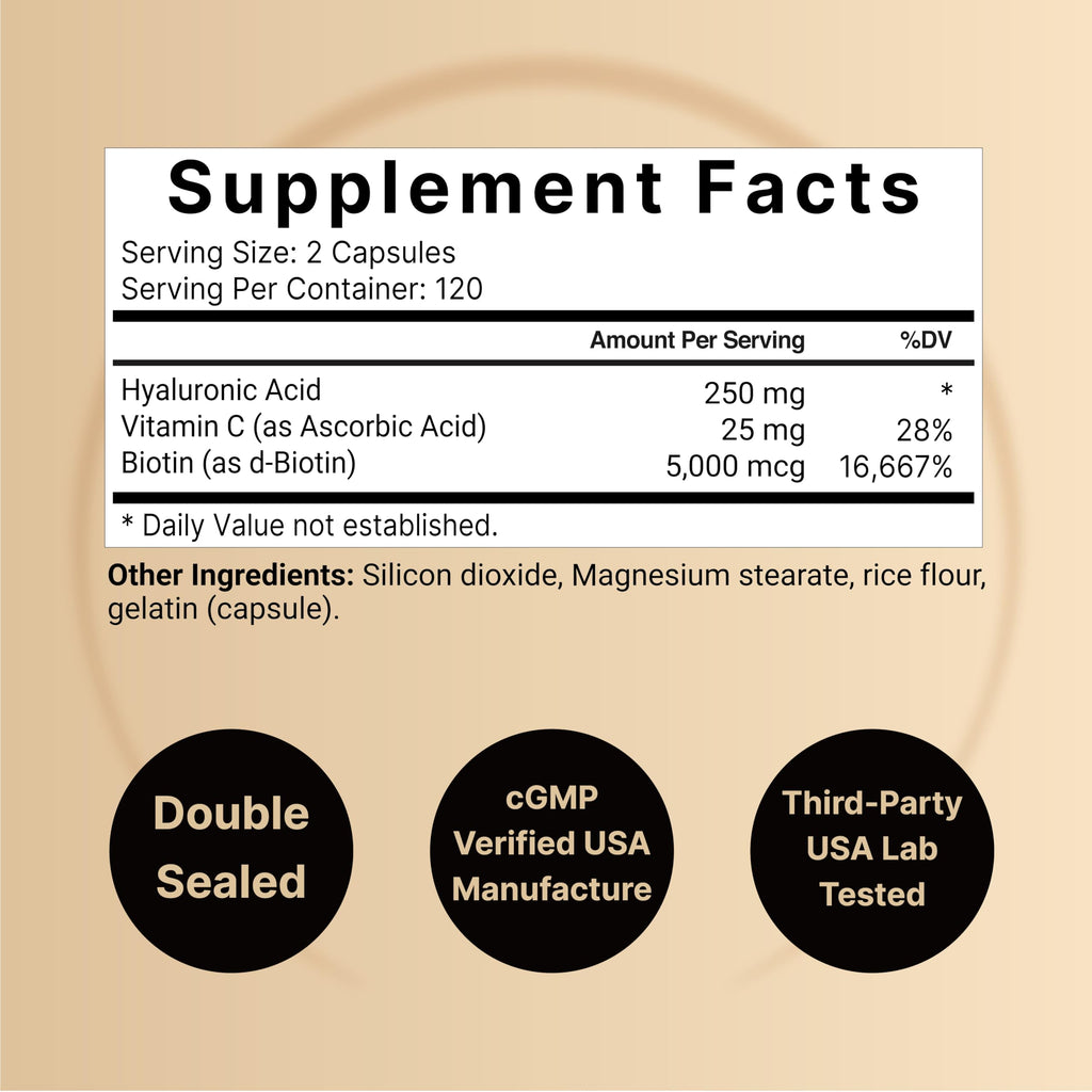 NatureBell Hyaluronic Acid 250mg - 240 Capsules - 250mg Hyaluronic Acid, 5000mcg Biotin & 25 mg Vitamin C - Supports Skin, Hair, Bone, Eye & Joint Health*