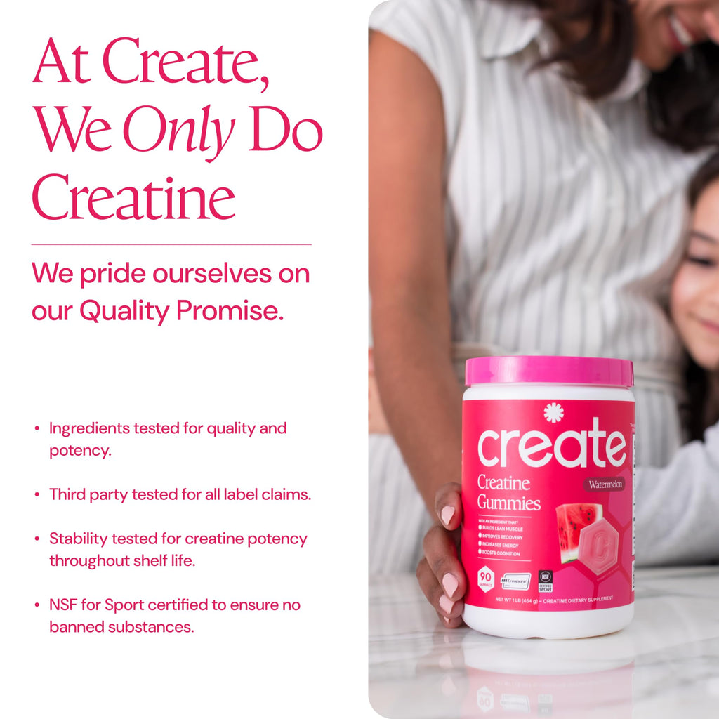 Create Creatine Monohydrate Gummies for Men & Women, Boost Focus, Strength, and Endurance, Anti-Melting Formula, Vegan, Gluten-Free, Non-GMO, 1.5g of Creatine per Gummy (Watermelon)