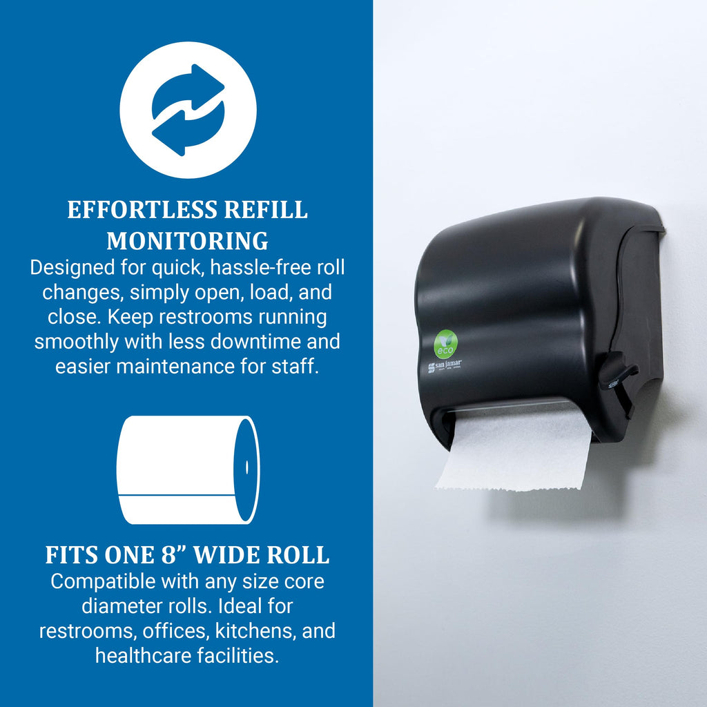 San Jamar Ecologic Element Recycled Plastic Lever Paper Towel Dispenser, Manual Towel Dispenser, Wall Mounted Dispenser with Zero Waste for Home and Business, 8 Inch Rolls, Black