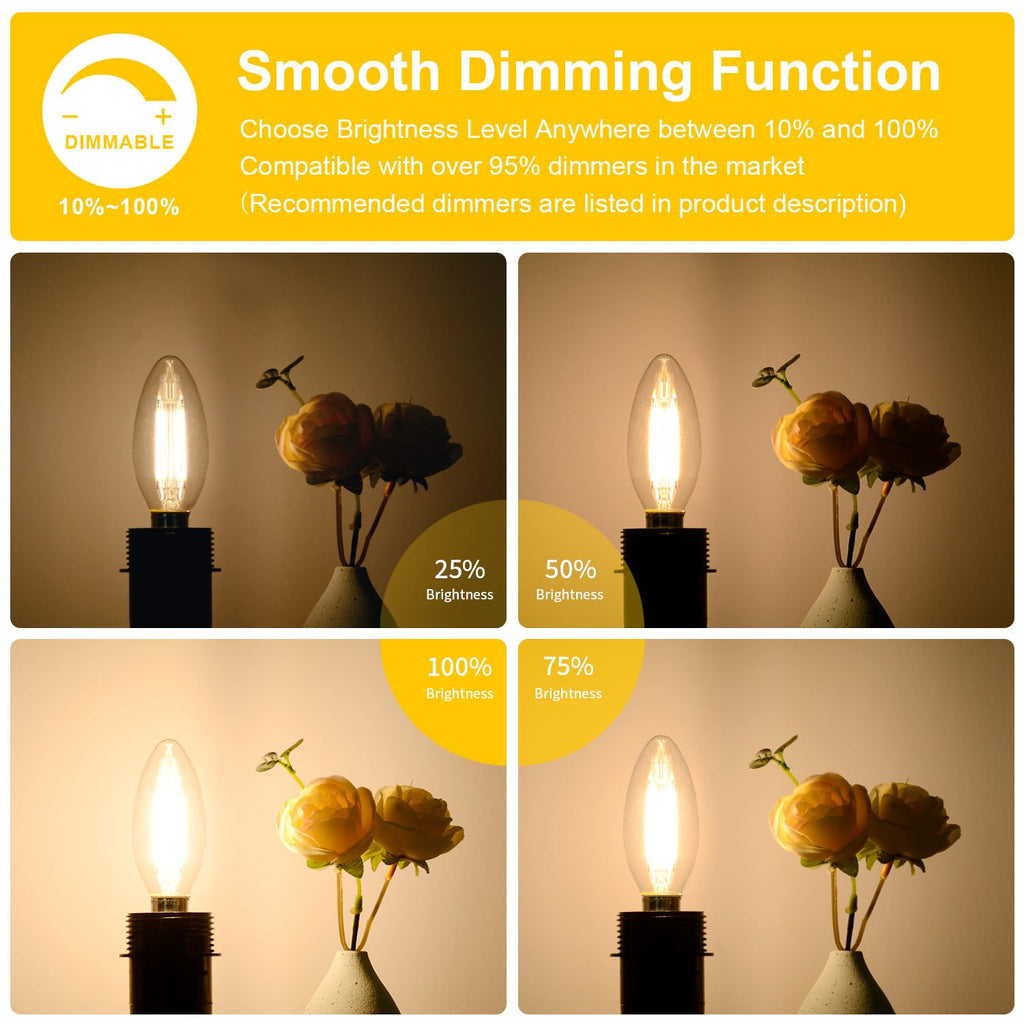 12-Pack Dimmable E12 LED Candelabra Bulbs 60W Equivalent, 3000K Soft Warm White, 600 Lumens B11 Candle Base 6W C35 LED Filament Vintage Light Bulbs, Clear Glass for Chandelier Ceiling Fan High CRI 90+