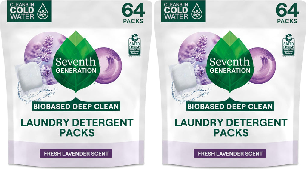 Seventh Generation Laundry Detergent Packs,Lavender,Biobased Deep Clean,EPA Safer Choice Certified,64 Count (Pack of 2)