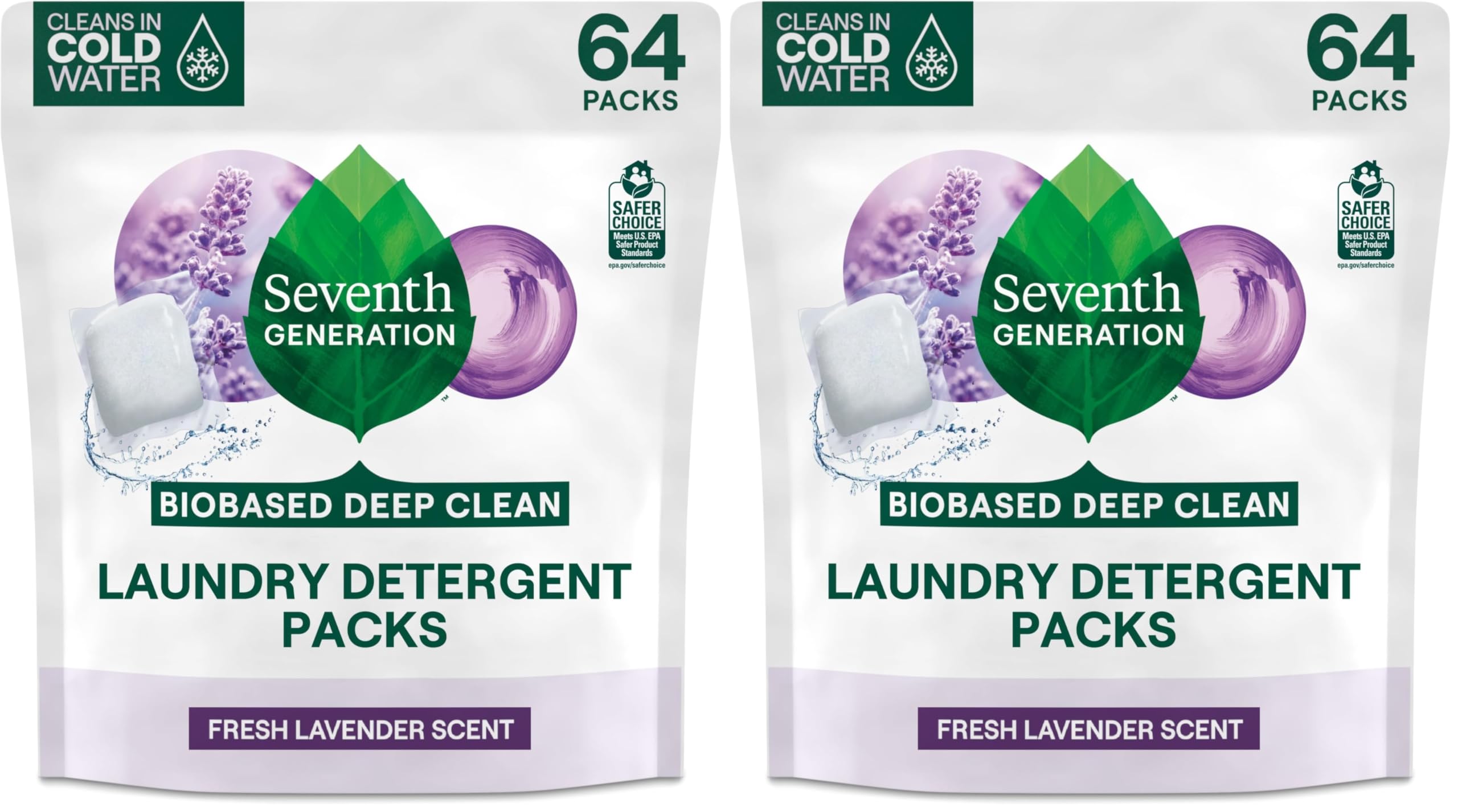 Seventh Generation Laundry Detergent Packs,Lavender,Biobased Deep Clean,EPA Safer Choice Certified,64 Count (Pack of 2)