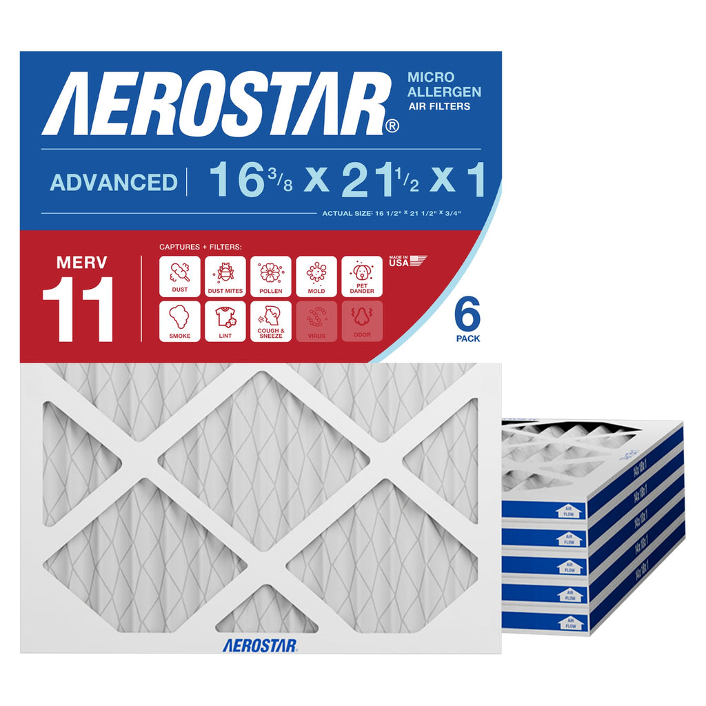 Aerostar 16.375x21.5x1 MERV 11 - 6 Count - Pleated HVAC, Furnace & Air Conditioner Filters - Removes Dust, Cold & Flu Germs, Lint, Mold, Pet Dander, Allergy-Causing Pollen, Smog & Smoke