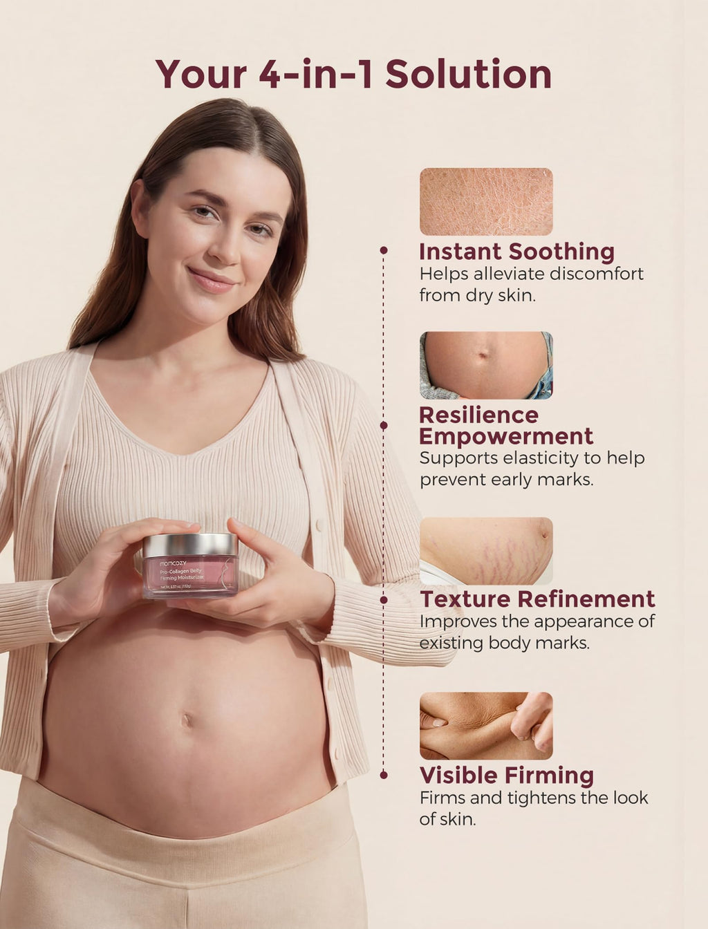 Momcozy Stretch Mark Cream for Pregnancy & Postpartum, Pro-Collagen Belly Firming Moisturizer, Facial-Grade Peptides & Oil-in-Cream, 5.29 oz (150g)