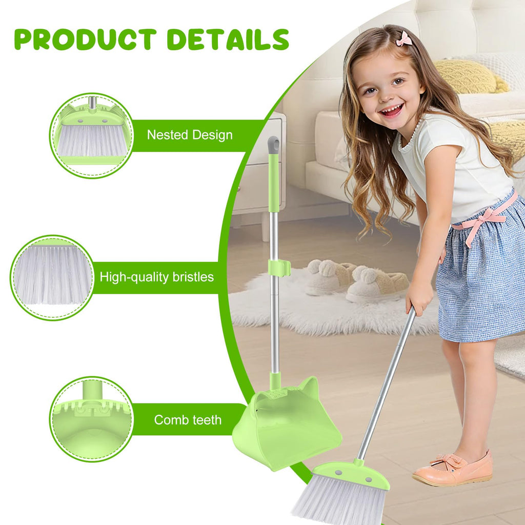 Mini Broom with Dustpan for Kids, 28-in Handle Kids Broom and Dustpan Set for Toddlers Cat-Shaped Children Broom and Cleaning Set Boys Girls Small Housekeeping Helper Set, Green