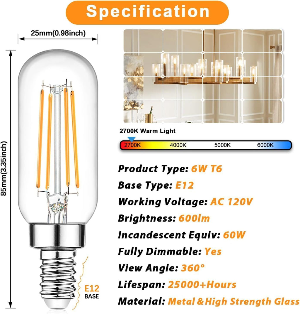 E12 Candelabra Edison Bulbs 60 Watt Equivalent, T6 6W Dimmable LED Light Bulbs for Chandelier, 600lm 2700K Warm White Clear Vintage Tubular Bulb, Small Filament Bulb for Ceiling Light, 6-Pack