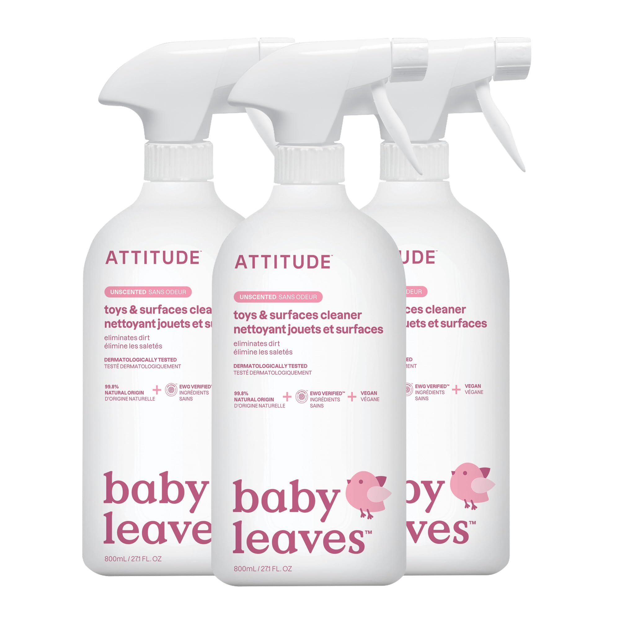 ATTITUDE Baby & Kids Toy Cleaner Spray, EWG Verified, Multi-Surface Cleaner for Toys, High Chairs & Play Areas, Naturally Derived, Vegan, Unscented, 27.1 Fl Oz (Pack of 3)