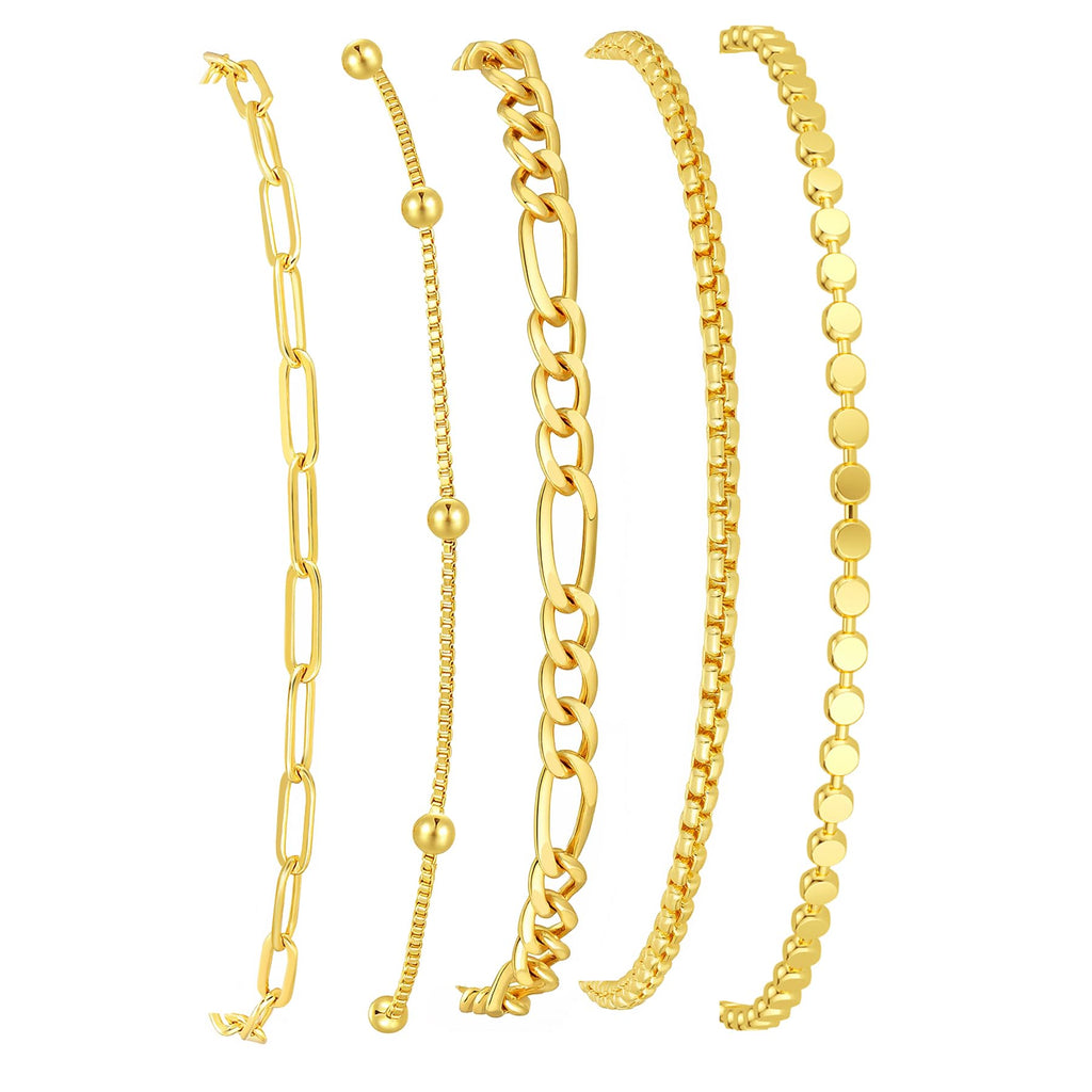 Striviio Gold Bracelets for Women, 14K Gold Plated Stackable Bracelet Stack Set Adjustable Charm Paperclip Chain Snake Link Layered Waterproof Jewelry Sets Gifts