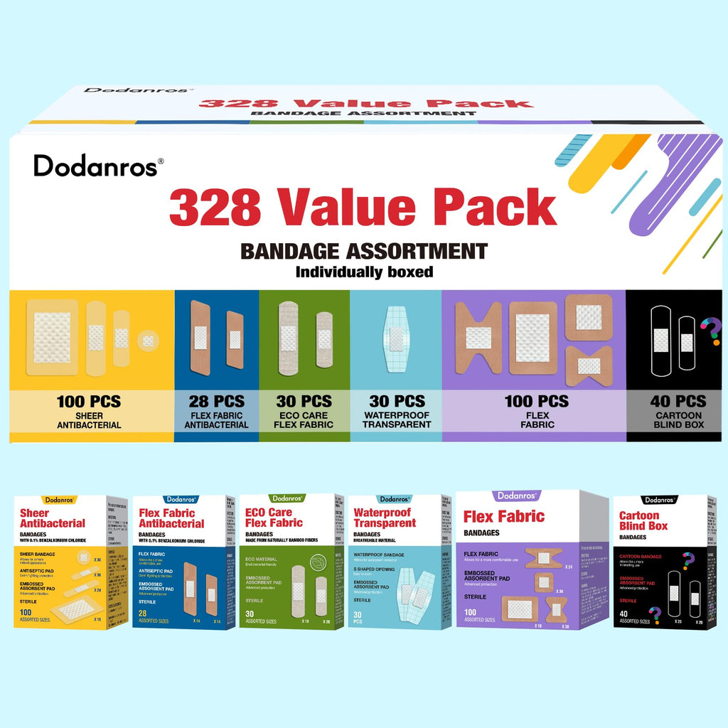 Dodanros Variety Bandages Pack,328ct Assorted Bulk Various Sizes, Shapes &Features | Sheer & Flex Fabric with Benzalkonium, ECO Bamboo Fabric, Waterproof, Cartoon Blind Box Fragrance Bandages