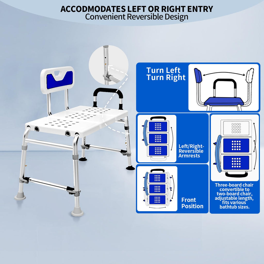 Drseats Heavy Duty Width Adjustable Bath Tub Transfer Shower Bench for Inside Tub Extended Shower Chair with Adjustable Height and Reversible Backrest Handicap Bath Seat for Elderly and Disabled