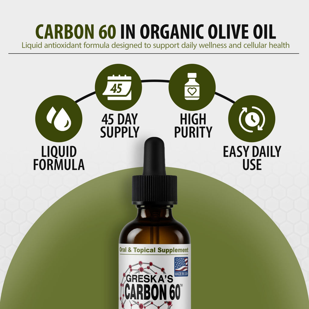 Greska's C60 in Organic Olive Oil - 45 Day Supply - Solvent-Free Carbon 60 Antioxidant Formula for Cellular Support, Vitality, Focus & Overall Wellness (1oz)