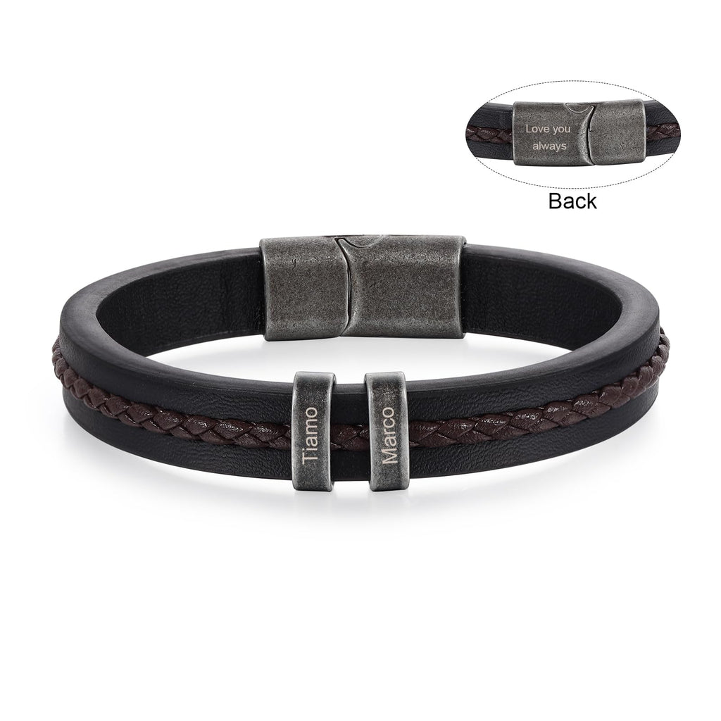 Personalized Custom Name Bracelets for Men - Mens Leather Bracelet with 2-5 Kids Names Customized Gifts for Dad Husband Son (2 names)