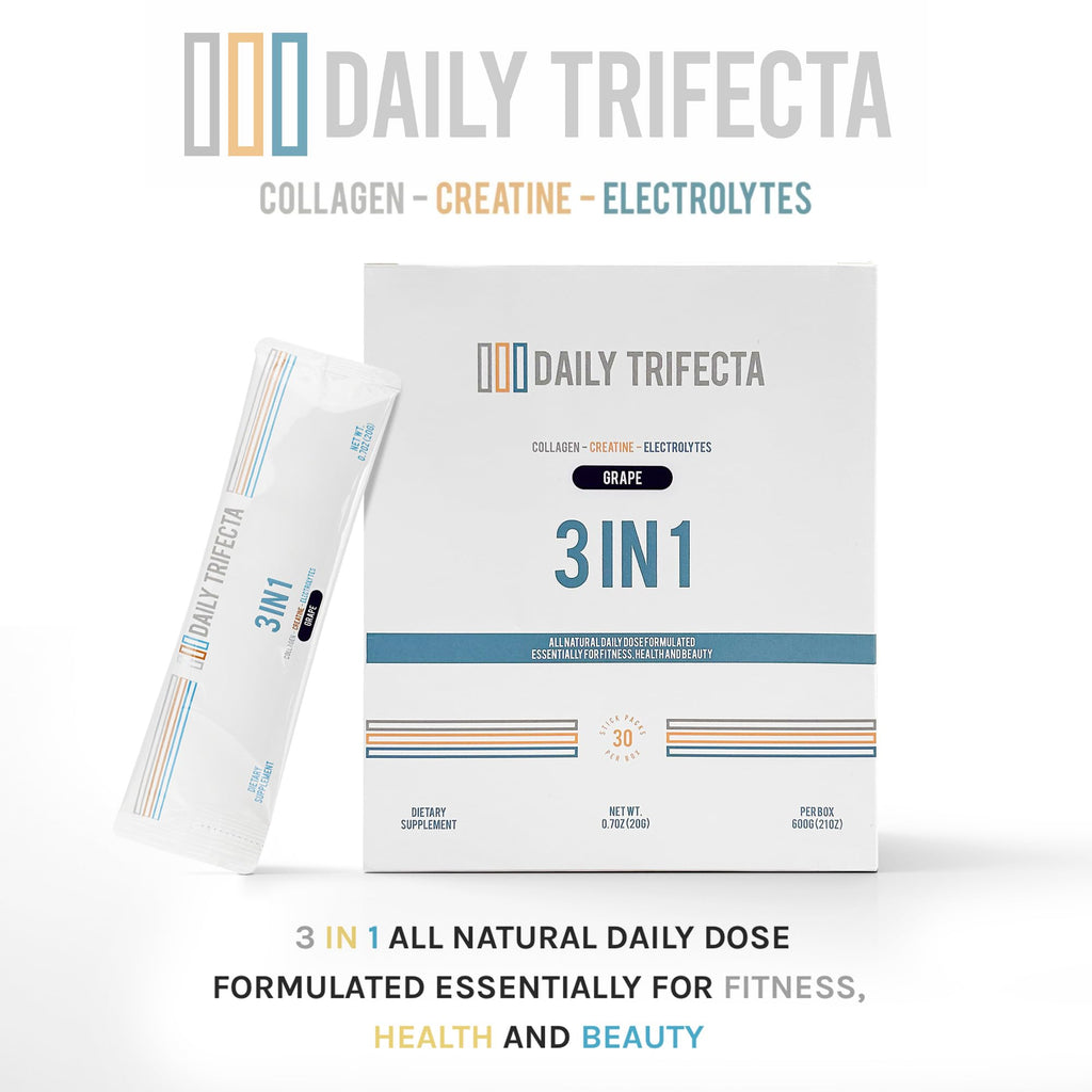 DAILY TRIFECTA 3-in-1 Collagen, Creatine & Electrolyte Stick Packs | Type I Collagen, Creatine Monohydrate, Zero Sugar | 30 Natural Single-Serve Packets | Strength, Hydration & Recovery (Grape)