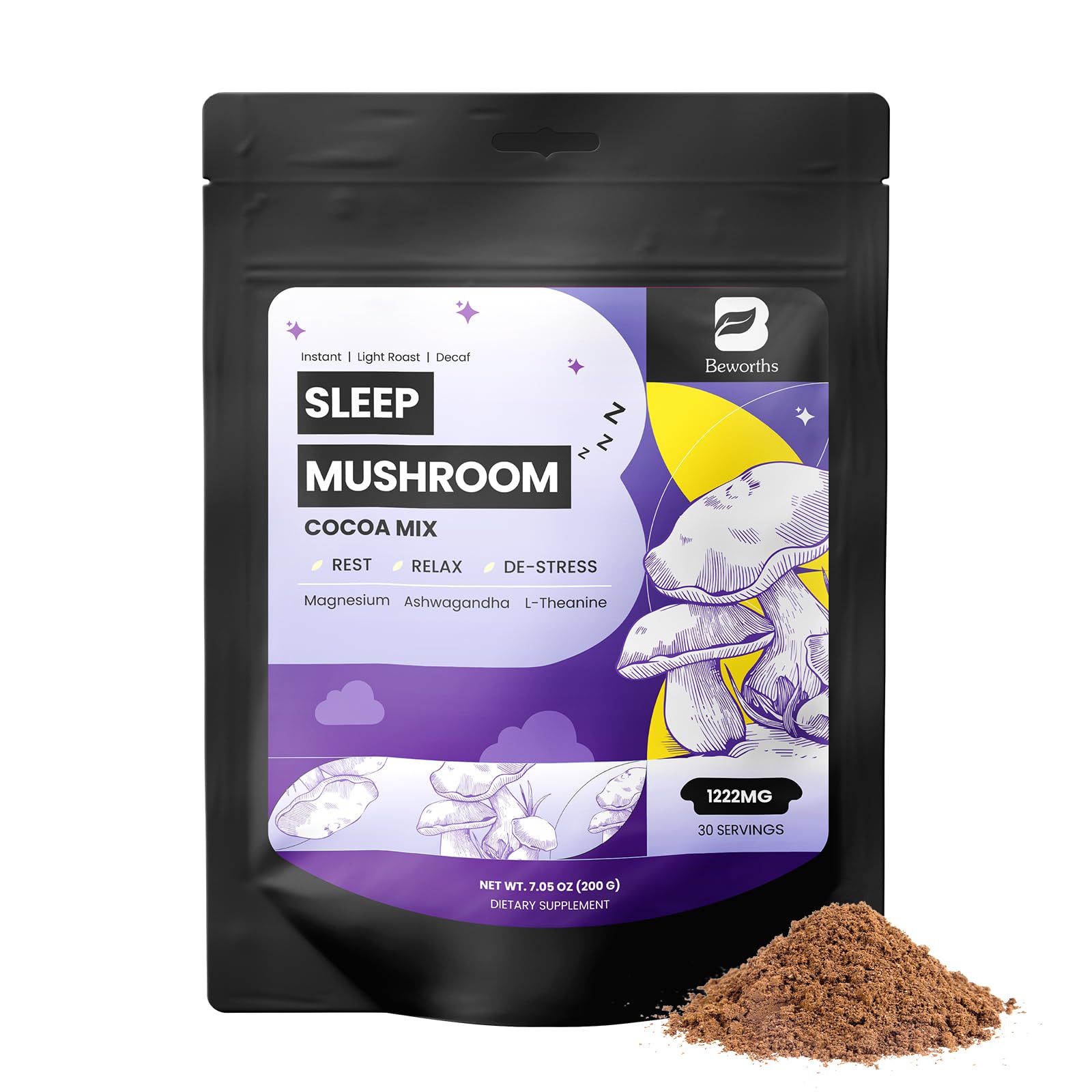 B BEWORTHS Mushroom Hot Cocoa, 10 - Blend Mushroom Extract Complex with Sleep Support Formula, Ashwagandha, L-Theanine, Lemon Balm, GABA, Melatonin, Support Fall Asleep and Stay Asleep, 30 Servings