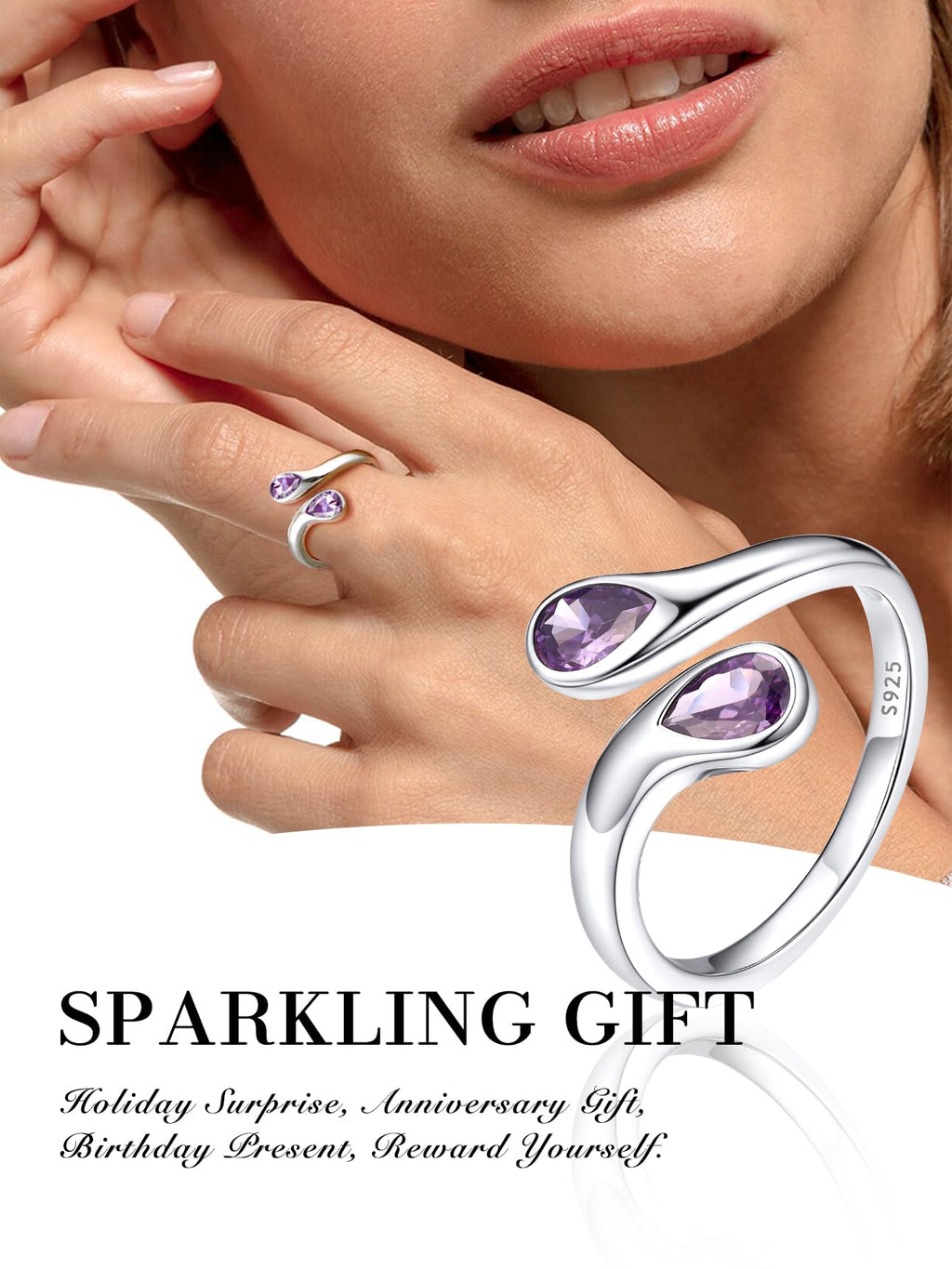 Bestyle June Birthstone Ring for Women, Silver Alexandrite Ring Two Purple Gemstone Teardrop Ring, TOI et Moi Ring Love Promise Rings BFF Ring for, Christmas Valentine's Day Birthday Gifts