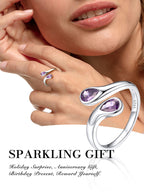 Bestyle June Birthstone Ring for Women, Silver Alexandrite Ring Two Purple Gemstone Teardrop Ring, TOI et Moi Ring Love Promise Rings BFF Ring for, Christmas Valentine's Day Birthday Gifts