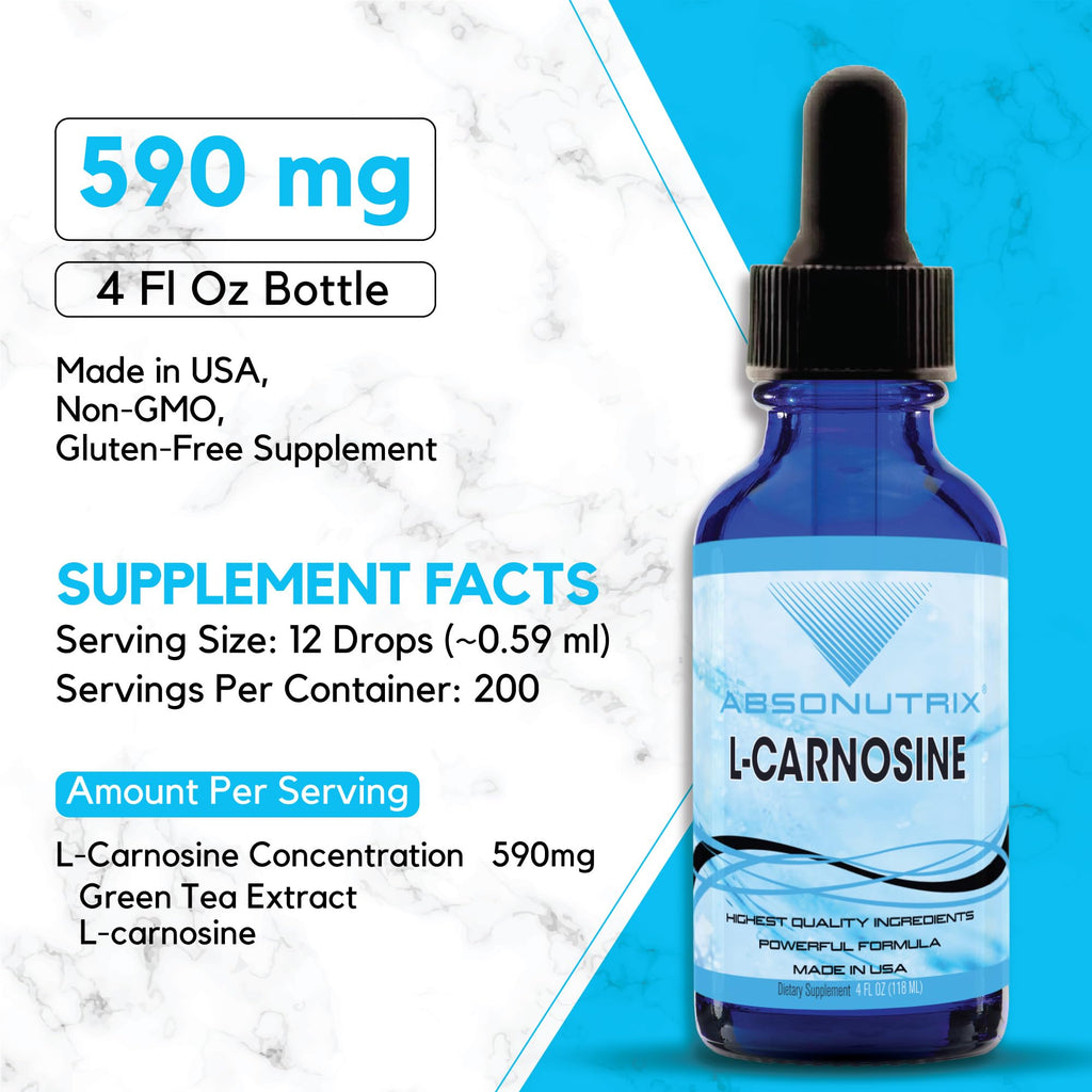 Absonutrix L-Carnosine - 583 mg 4 Oz Bottle, 200 Highly Potent Servings, Easy-to-Consume Drops, High Bioavailability, Third-Party Tested, GMP-Certified, Non-GMO, Cruelty-Free Products, Made in USA