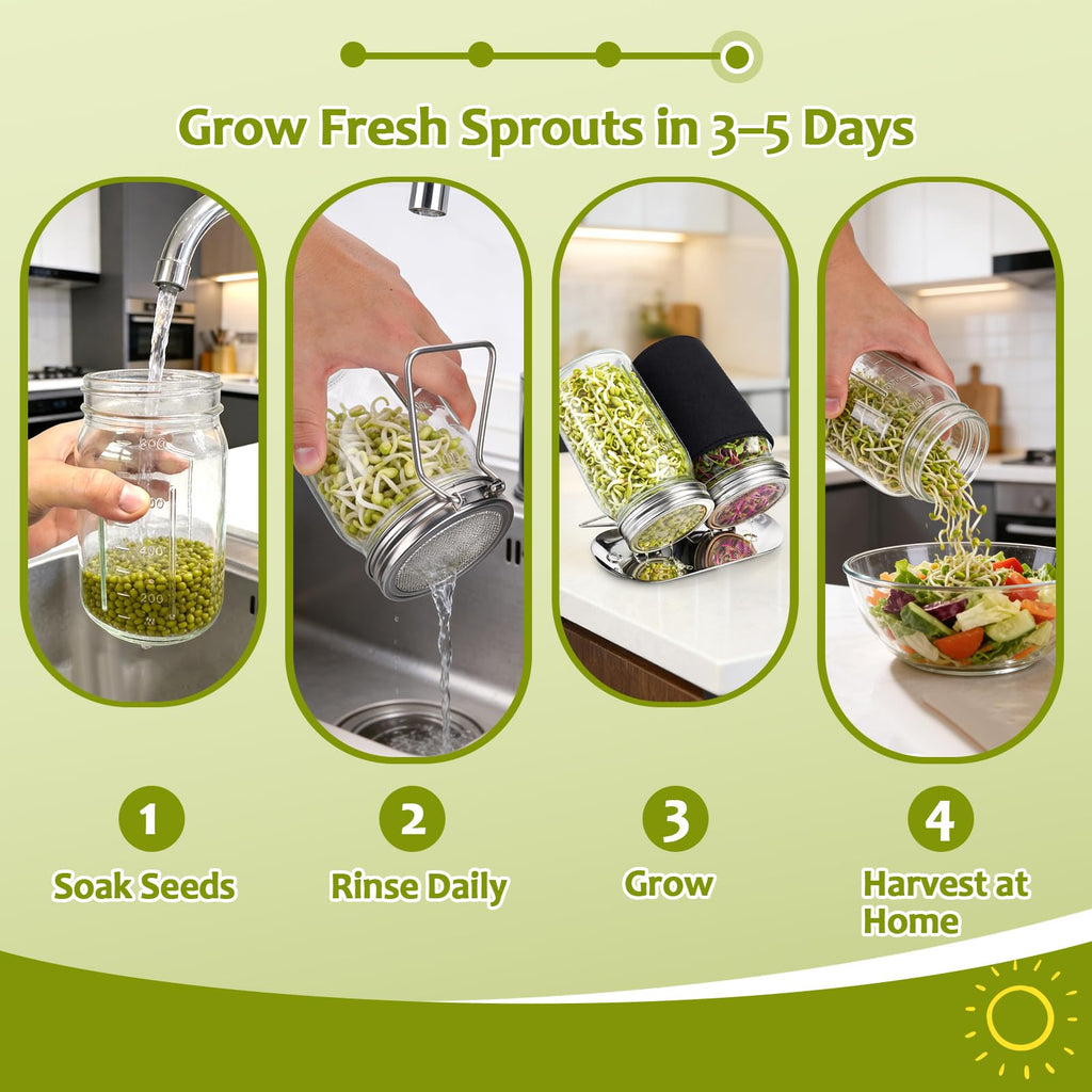 XUNWKONGG Sprouting Jar Kit, 2 Pack Sprouting Kit with Stainless Steel Screen Sprouting Lids, Glass Mason Jars & Light-Blocking Sleeves, Seed Sprouting Kit for Broccoli Sprouts, Bean Sprouts, Alfalfa