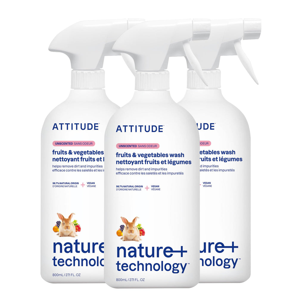ATTITUDE Fruit & Vegetable Wash, Unscented Food-Safe Produce Wash to Remove Dirt, Wax & Residue, Vegan Plant-Based Produce Cleaner, 27.1 Fl Oz (Pack of 3)