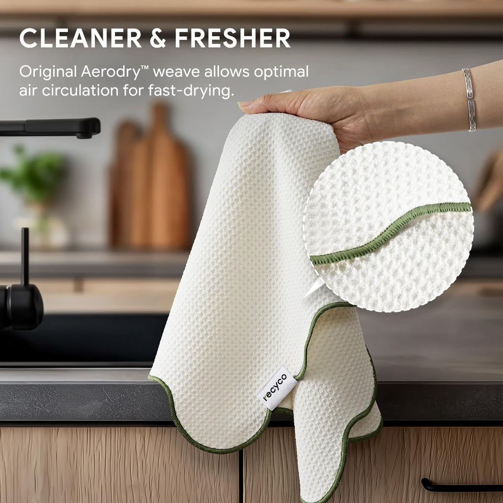 RECYCO Waffle Kitchen Towel Set of 2 - Quick Dry Microfiber Sustainable Dish Towels - Ultra Absorbent Reusable Cleaning Tea Towels - Lightweight Hand Towels,16”x 28”, Lorden Green