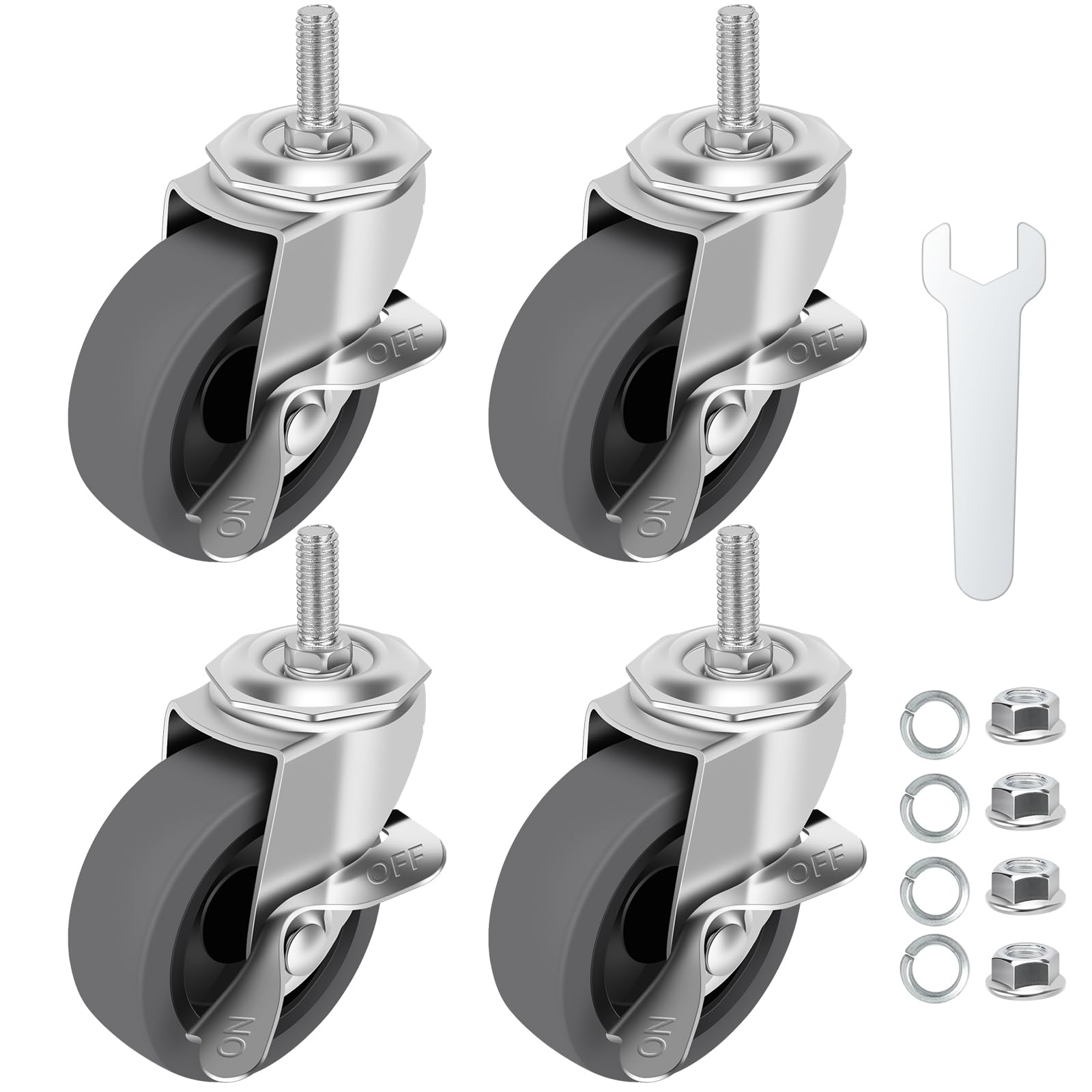 WHARSTM Caster Wheels, 3" Locking Swivel Stem Casters Set of 4, 3/8"-16 x 1 (Screw Diameter 3/8", Length 1") Rubber Casters with 360 Degree No Noise Wheels for Furniture