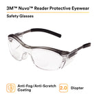 3M Safety Glasses with Readers, Nuvo Readers, +2.0 Diopter, Pack of 1, ANSI Z87, Clear Lens, Gray Frame, Soft Nose Bridge, Side Shields