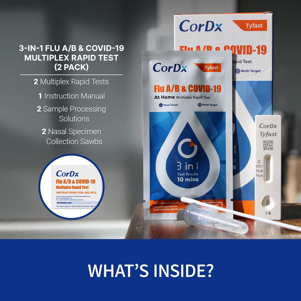 CorDx Flu A/B & COVID-19, At Home 3-in-1 Rapid Test Kit, 2 Tests